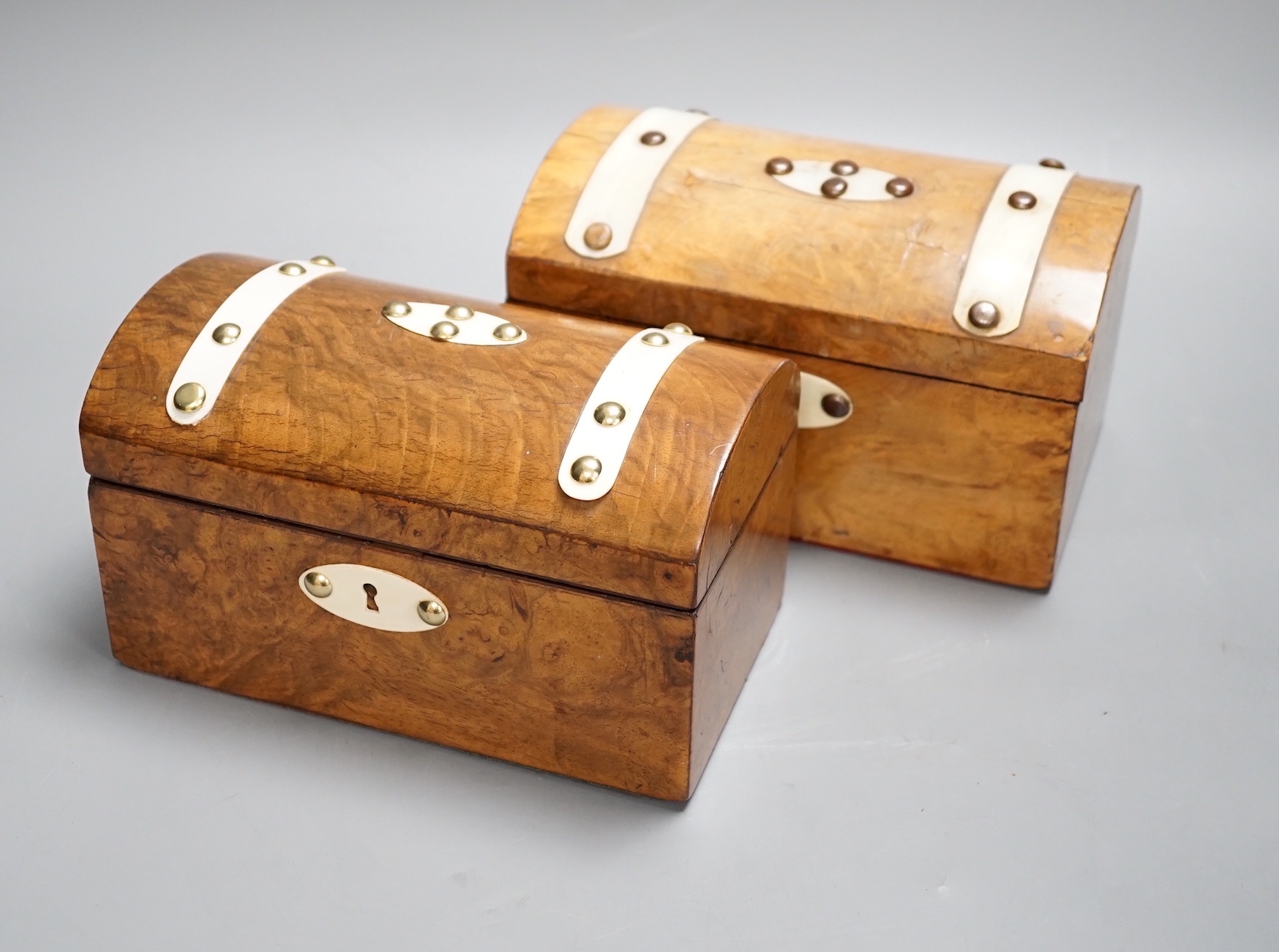 Two 19th century ivory mounted walnut dome topped tea caddies 20cm